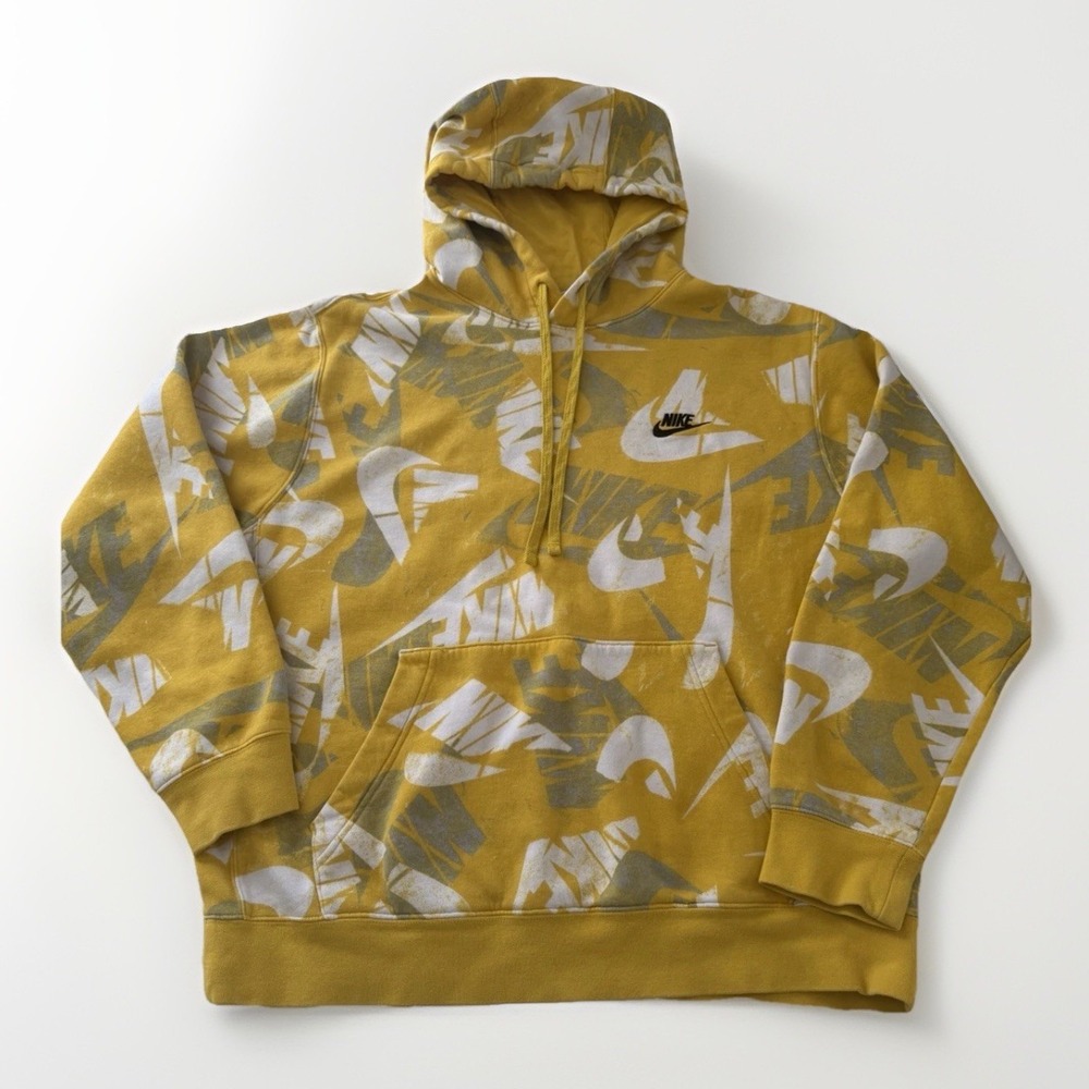 Nike Men's Pullover Hoodie All Over Logo Print Size L Yellow‎ Gray White - Picture 2 of 6